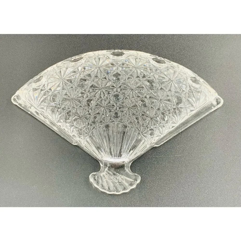 Avon Fan Dish Clear Glass Daisy Button Candy Trinket Soap Plate Pressed Crystal
